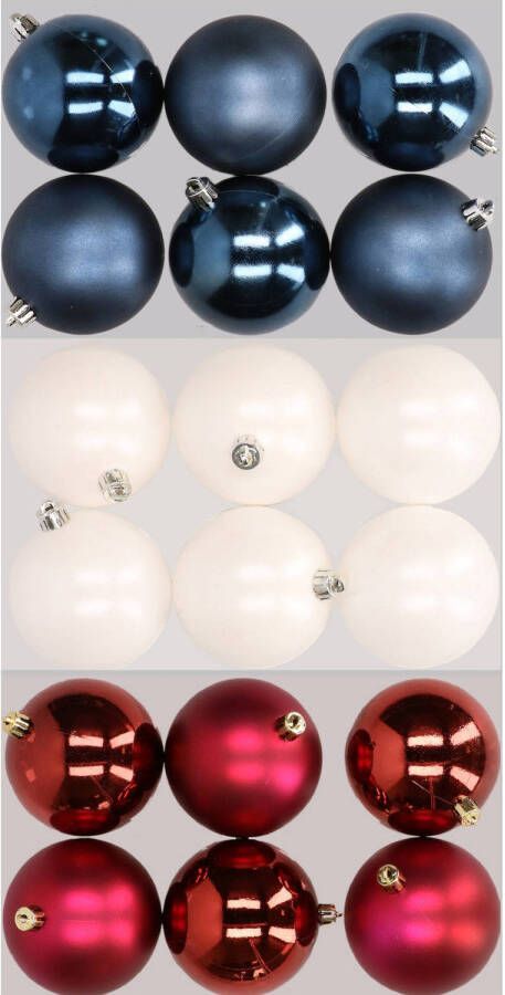 Merkloos 18x stuks kunststof kerstballen mix van donkerblauw wit en donkerrood 8 cm Kerstbal