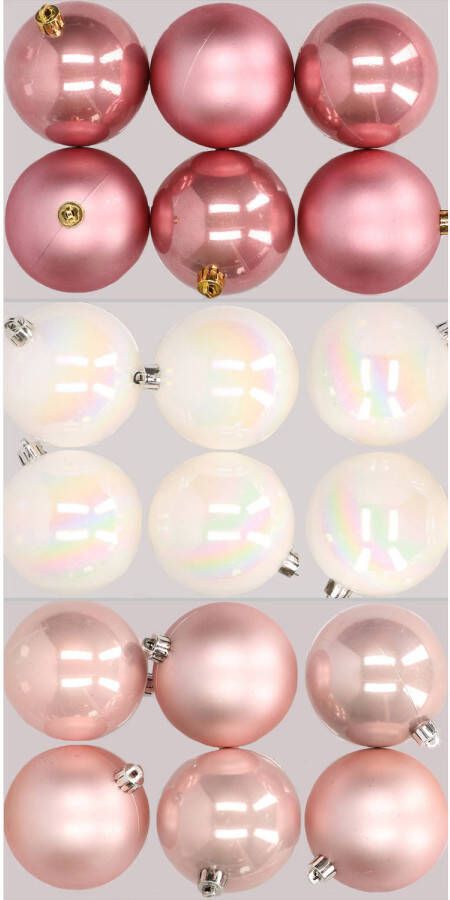 Merkloos 18x stuks kunststof kerstballen mix van lichtroze parelmoer wit en oudroze 8 cm Kerstbal