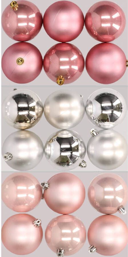 Merkloos 18x stuks kunststof kerstballen mix van lichtroze zilver en oudroze 8 cm Kerstbal