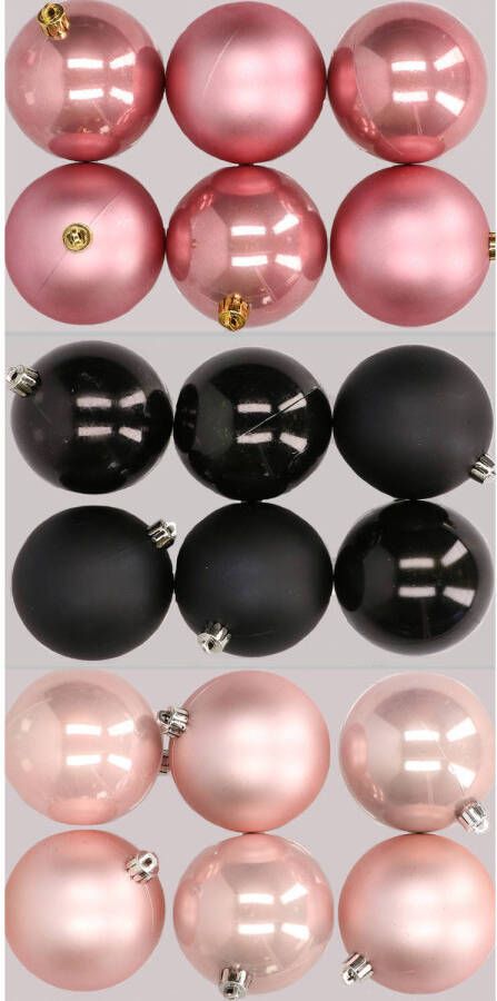 Merkloos 18x stuks kunststof kerstballen mix van lichtroze zwart en oudroze 8 cm Kerstbal