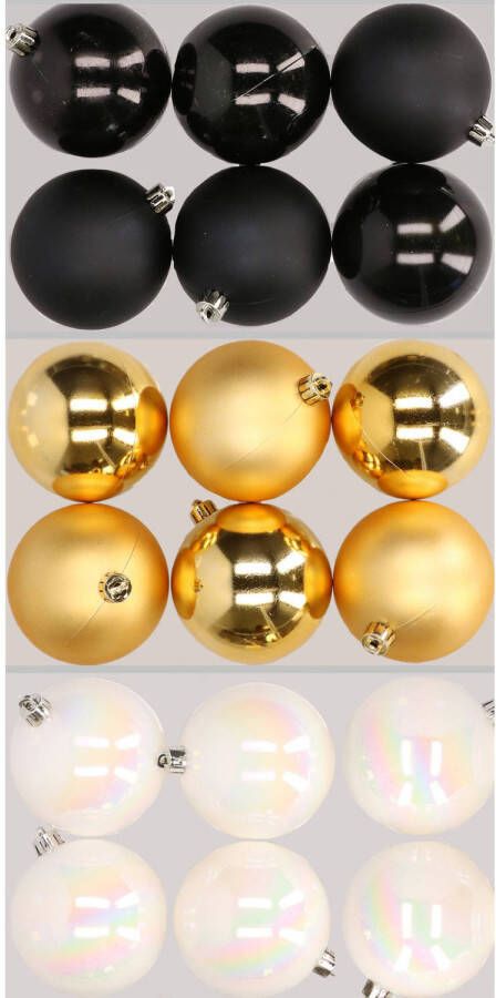 Merkloos 18x stuks kunststof kerstballen mix van zwart parelmoer wit en goud 8 cm Kerstbal
