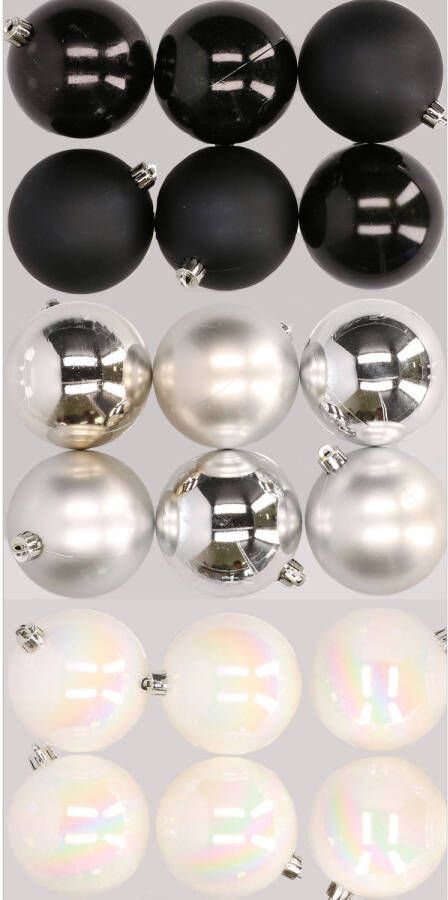 Merkloos 18x stuks kunststof kerstballen mix van zwart parelmoer wit en zilver 8 cm Kerstbal