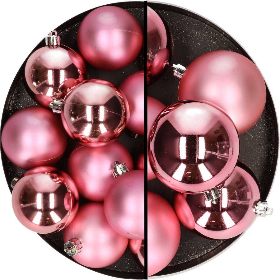Merkloos 18x stuks kunststof kerstballen roze 6 en 8 cm Kerstbal