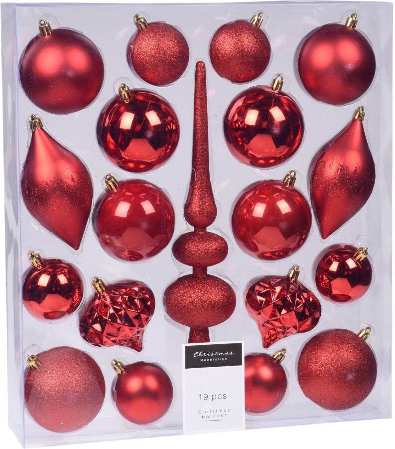 Merkloos Compleet kerstballenpakket rode kunststof kerstballen met piek 19-delig Kerstbal