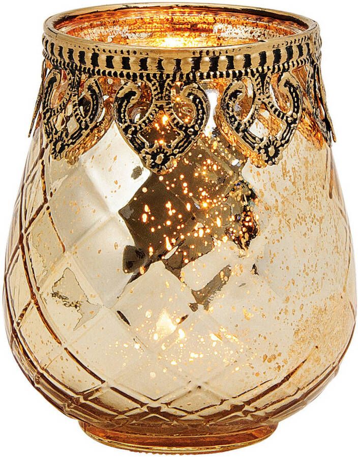 Merkloos 1x Gouden theelichthouders waxinelichthouders windlichten glas metaal 9 x 10 cm Kaarsenhouders lantaarns Sfeer lichtjes Waxinelichtjeshouders