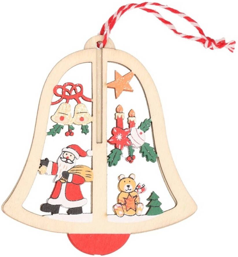 Merkloos 1x Houten bel met kerstman kerstversiering hangdecoratie 10 cm Kersthangers