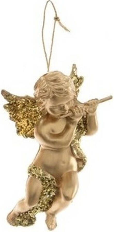 Decoris 1x Kerst hangdecoratie gouden engeltje met dwarsfluit muziekinstrument 10 cm Kersthangers