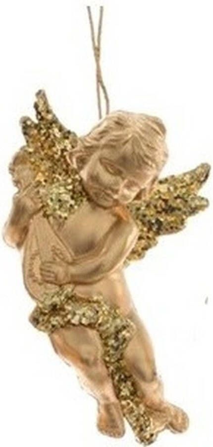 Merkloos 1x Kerstboomdecoratie gouden engeltjes met lute 10 cm gouden kerstboomversiering kerstdecoratie