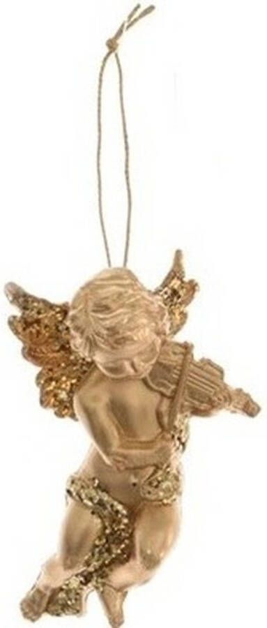 Merkloos 1x Kerst hangdecoratie gouden engeltje met viool muziekinstrument 10 cm Kersthangers