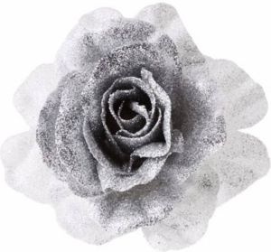 Merkloos 1x Kerstboomversiering bloem op clip zilver wit en besneeuwd 18 cm kerstfiguren zilveren kerstversieringen