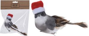 Merkloos 1x stuks Kerstversiering vogels op clip grijs met kerstmuts op 12 cm Kersthangers