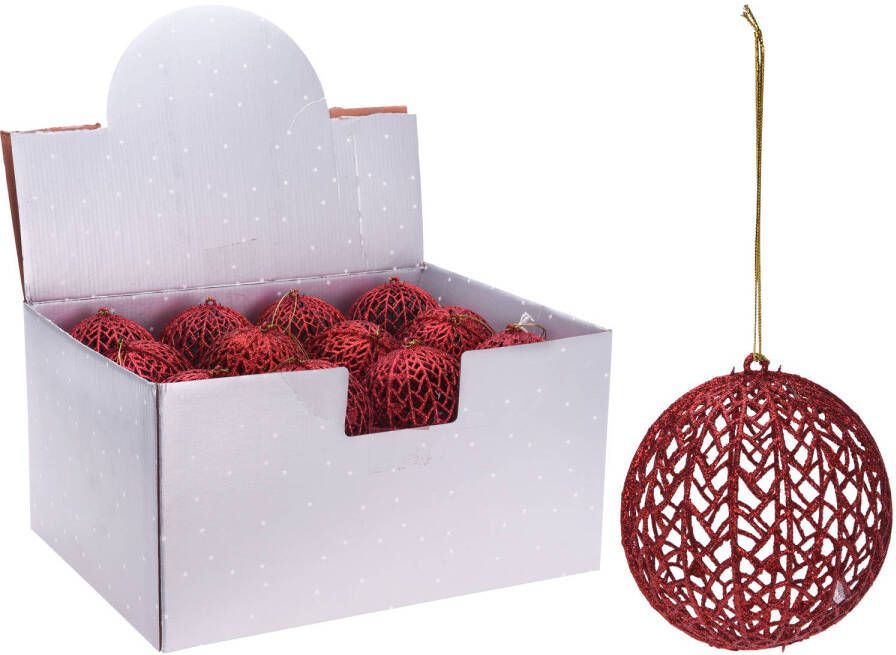 Merkloos 1x Kerstboomversiering rode draad kerstballen met glitters 9 cm Kerstbal