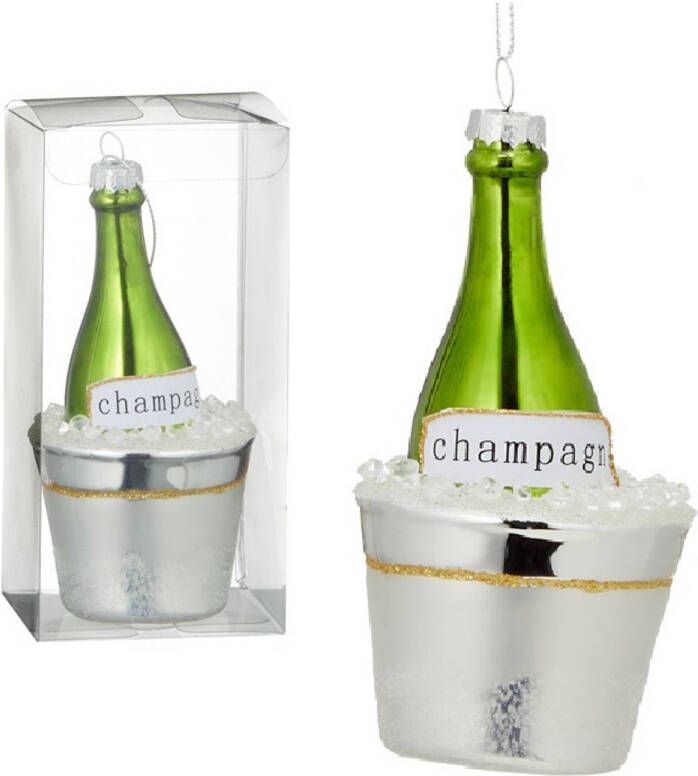 Merkloos 1x Kersthanger figuurtjes glazen champagne fles 14 cm Kersthangers