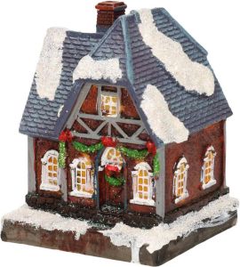 Merkloos 1x Polystone Kersthuisjes kerstdorpje Huisjes Blauw Dak Met Verlichting 13 5 Cm Kerstdorpen