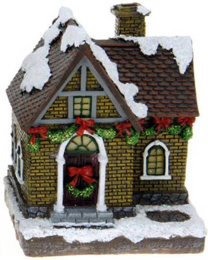 Merkloos 1x Polystone kersthuisjes kerstdorpje huisjes gele stenen met verlichting 13 5 cm Kerstdorpen