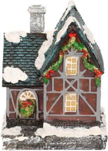Merkloos 1x Polystone Kersthuisjes kerstdorpje Huisjes Grijze Schoorsteen Met Verlichting 13 5 Cm Kerstdorpen