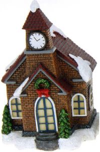 Merkloos 1x Polystone Kersthuisjes kerstdorpje Huisjes Kerkje Met Verlichting 13 5 Cm Kerstdorpen