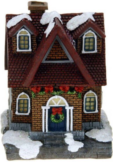 Merkloos 1x Polystone kersthuisjes kerstdorpje huisjes rood dak met verlichting 13 5 cm Kerstdorpen