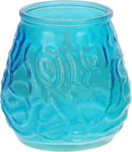 H&S Collection 1x Windlicht geurkaars citronella tegen muggen blauw glas Geurkaarsen citrus geur Glazen lantaarn Anti-muggen citronella geurkaarsen