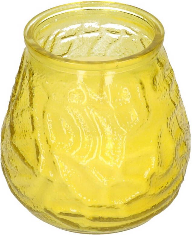 H&S Collection 1x Windlicht geurkaars citronella tegen muggen geel glas Geurkaarsen citrus geur Glazen lantaarn Anti-muggen citronella geurkaarsen
