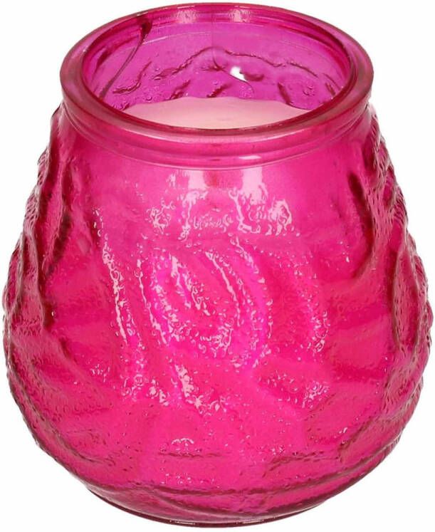 H&S Collection 1x Windlicht geurkaars citronella tegen muggen roze glas Geurkaarsen citrus geur Glazen lantaarn Anti-muggen citronella geurkaarsen