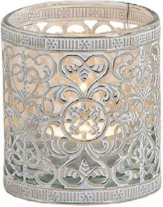 Merkloos 1x Windlicht theelicht houder zilver antiek 8 cm Woonaccessoires woondecoraties kaarsenhouders Waxinelichtjeshouders