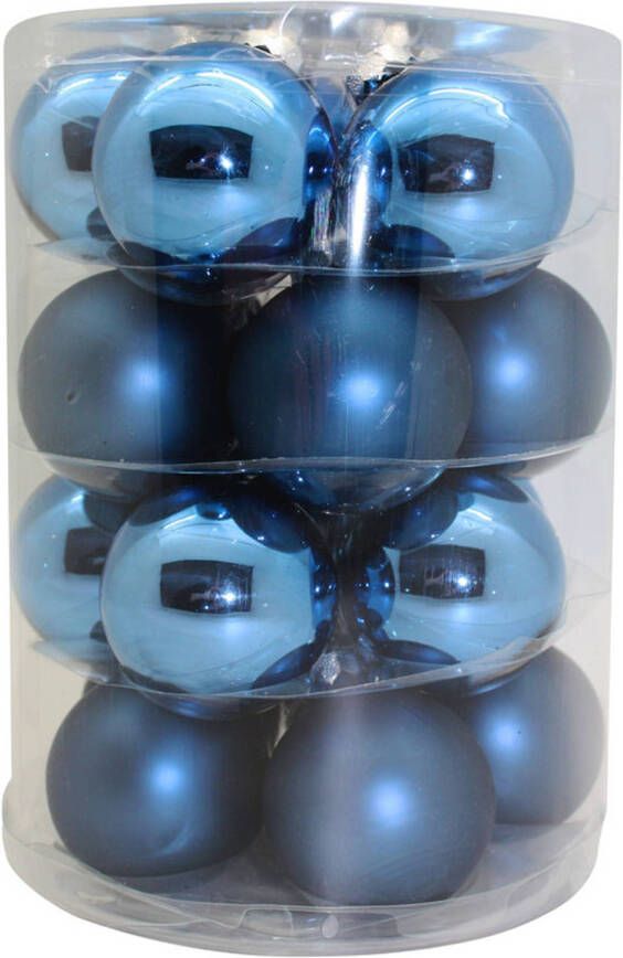 Merkloos Tube met 20 blauwe kerstballen van glas 6 cm glans en mat Kerstbal