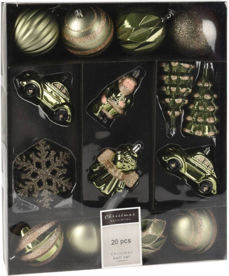 Merkloos 20x stuks kerstballen en kersthangers figuurtjes groen kunststof Kersthangers