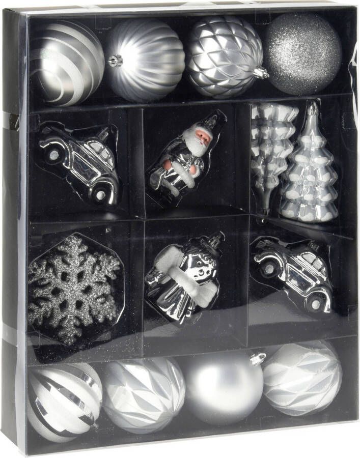 Merkloos 20x stuks kerstballen en kersthangers figuurtjes zilver kunststof Kersthangers