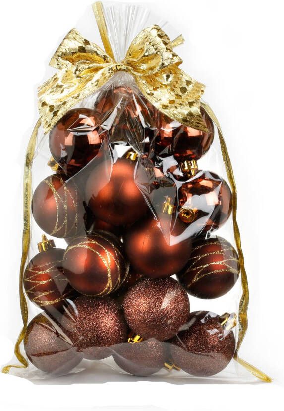 Merkloos 20x stuks kunststof kerstballen bruin mix 6 cm in giftbag Kerstbal