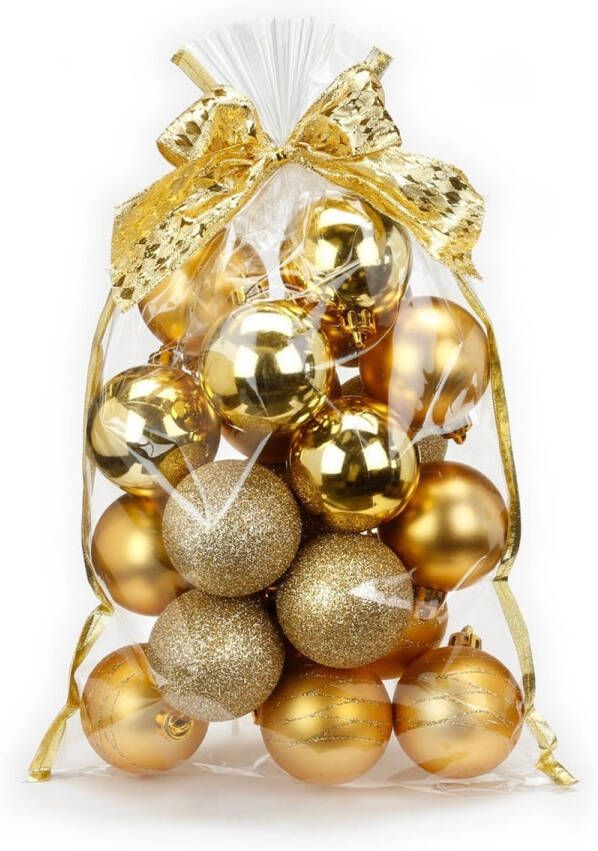 Merkloos 20x stuks kunststof kerstballen goud mix 6 cm in giftbag Kerstbal
