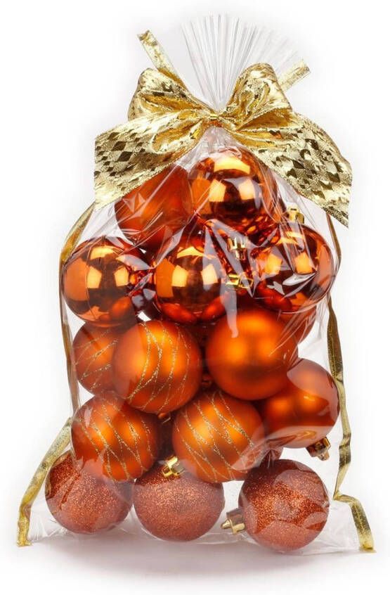 Merkloos 20x stuks kunststof kerstballen oranje koper mix 6 cm in giftbag Kerstbal