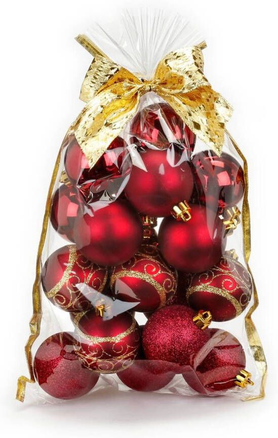 Merkloos 20x stuks kunststof kerstballen rood mix 6 cm in giftbag Kerstbal