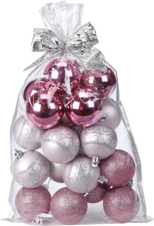 Merkloos 20x stuks kunststof kerstballen roze mix 6 cm in giftbag Kerstbal