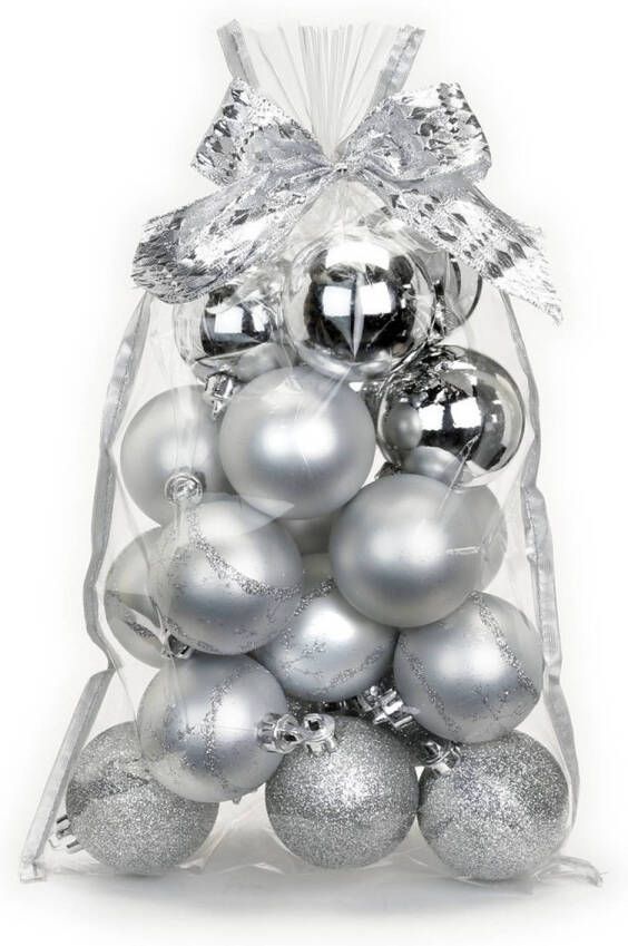 Merkloos 20x stuks kunststof kerstballen zilver mix 6 cm in giftbag Kerstbal