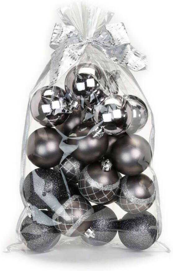Merkloos 20x stuks kunststof kerstballen zwart antraciet mix 6 cm in giftbag Kerstbal