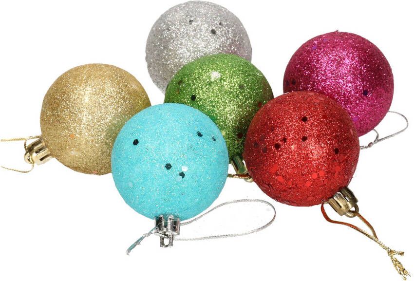Merkloos 24x Gekleurde onbreekbare kerstballen met glitters 5 cm Kerstbal