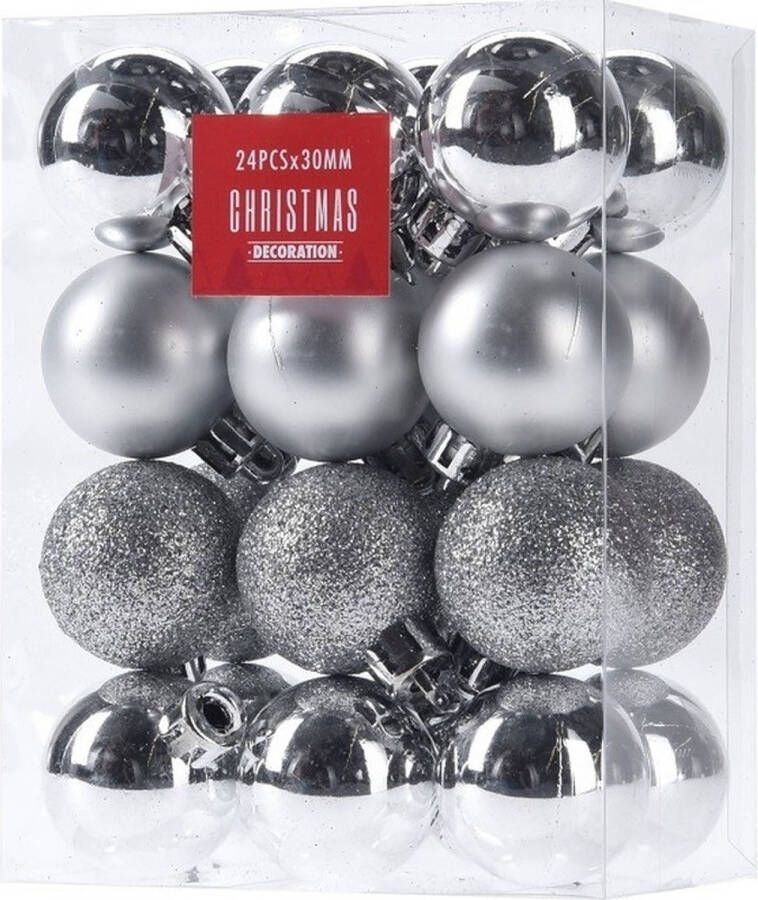 Merkloos 24x Glans mat glitter kerstballen zilver 3 cm kunststof kerstboom versiering decoratie Kerstbal