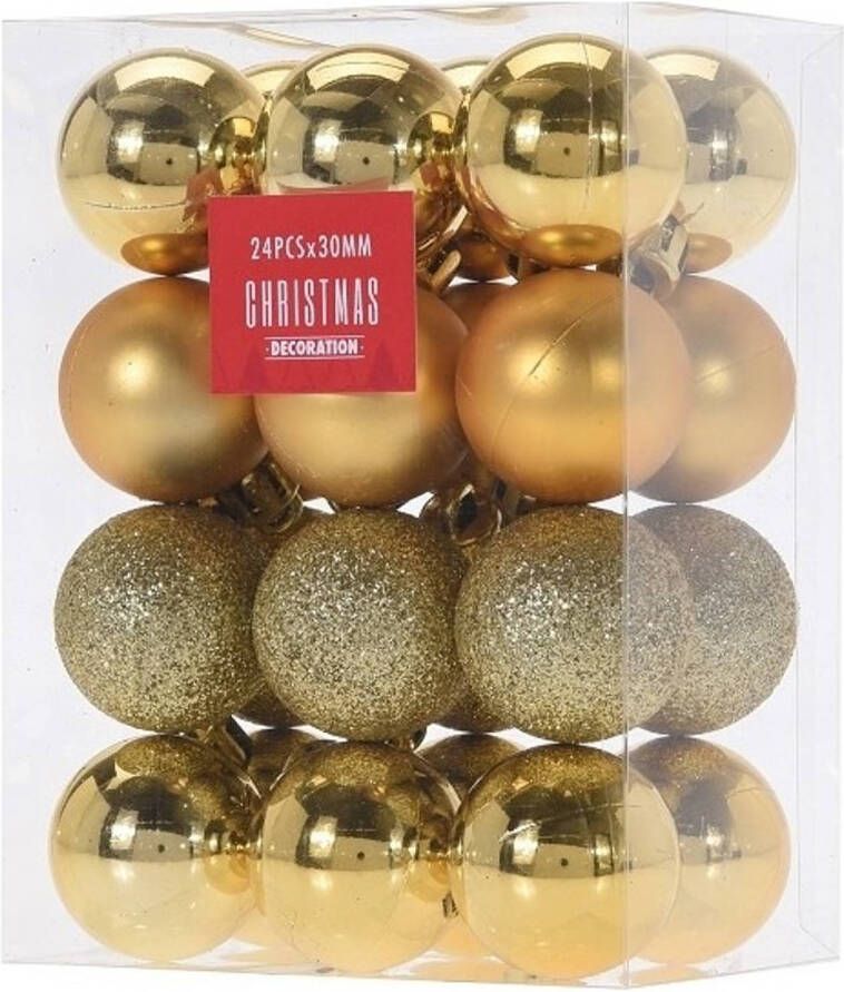 Merkloos 24x Gouden mini kerstballen 3 cm kunststof mat glans glitter Kerstbal