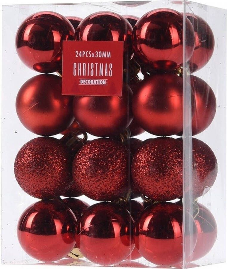 Merkloos 24x Rode kerstballen 3 cm kunststof mat glans glitter Kerstbal