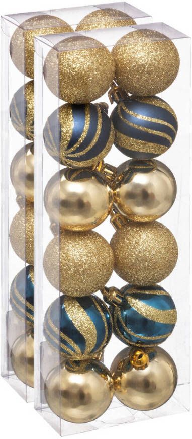 Merkloos 24x stuks kerstballen mix goud blauw glans mat glitter kunststof 4 cm Kerstbal