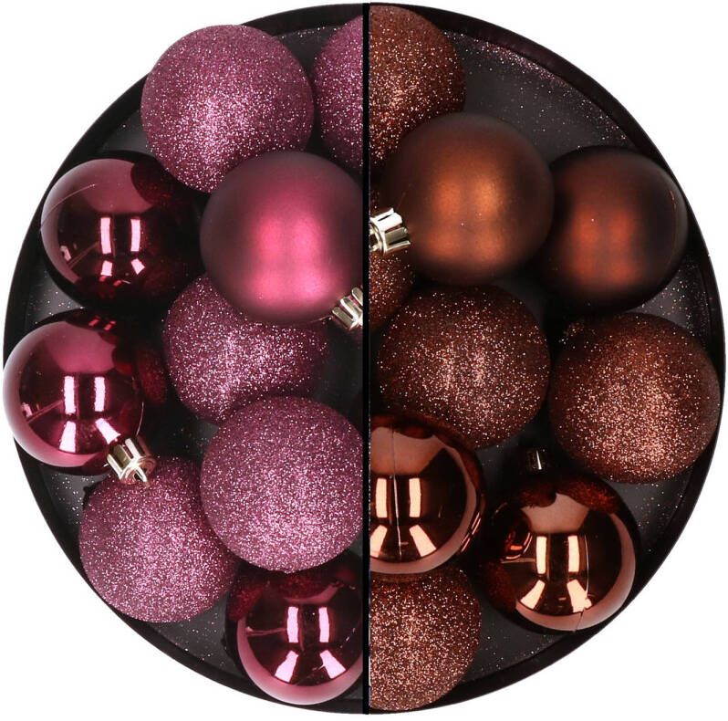 Merkloos 24x stuks kunststof kerstballen mix van aubergine en donkerbruin 6 cm Kerstbal