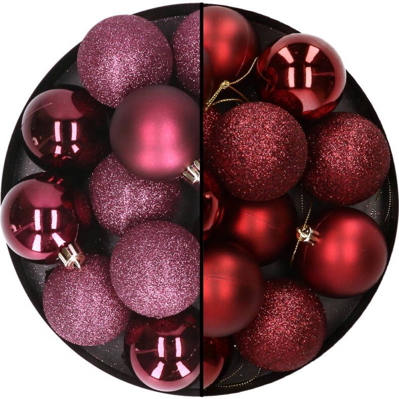 Merkloos 24x stuks kunststof kerstballen mix van aubergine en donkerrood 6 cm Kerstbal