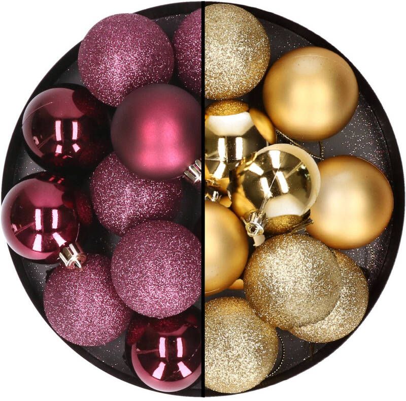 Merkloos 24x stuks kunststof kerstballen mix van aubergine en goud 6 cm Kerstbal