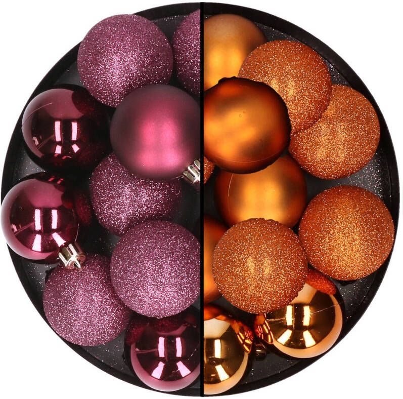 Merkloos 24x stuks kunststof kerstballen mix van aubergine en oranje 6 cm Kerstbal