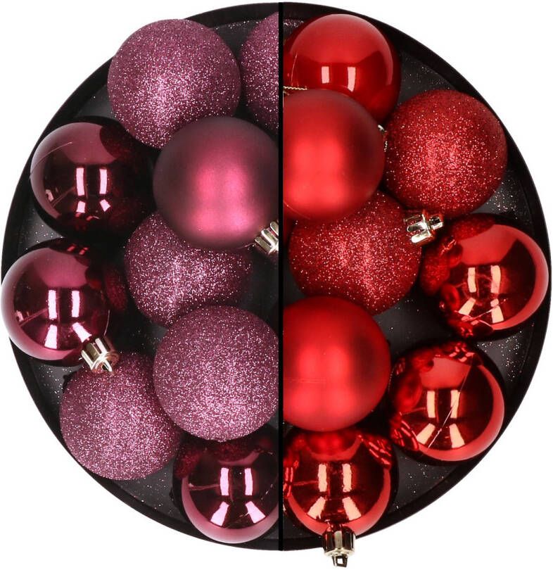 Merkloos 24x stuks kunststof kerstballen mix van aubergine en rood 6 cm Kerstbal