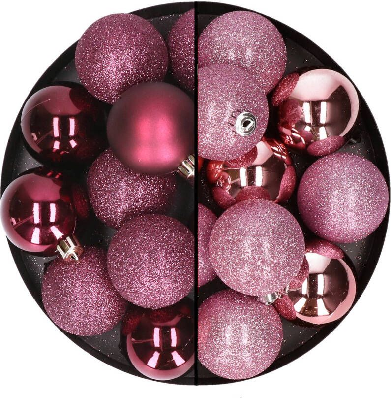 Merkloos 24x stuks kunststof kerstballen mix van aubergine en roze 6 cm Kerstbal