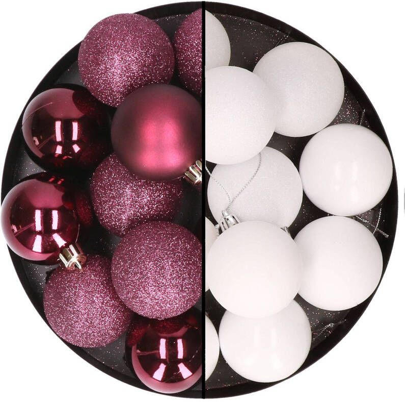 Merkloos 24x stuks kunststof kerstballen mix van aubergine en wit 6 cm Kerstbal