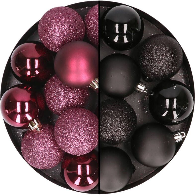 Merkloos 24x stuks kunststof kerstballen mix van aubergine en zwart 6 cm Kerstbal