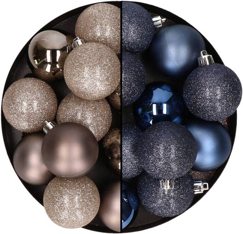 Merkloos 24x stuks kunststof kerstballen mix van champagne en donkerblauw 6 cm Kerstbal